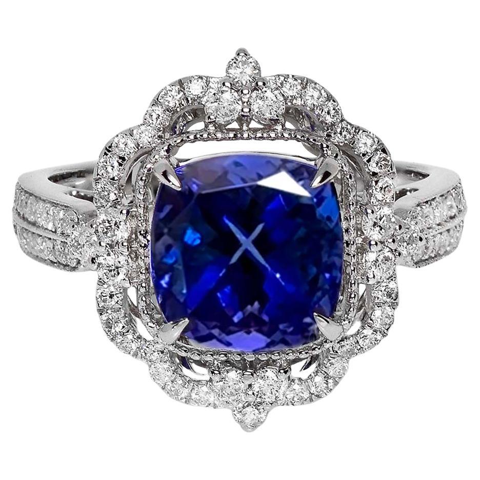 IGI 14K 3.70 Ct Natürlicher Vivid Violet Tanzanite&Diamonds Antiker Verlobungsring