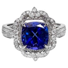 IGI 14K 3.70 Ct Natural Vivid Violet Tanzanite&Diamonds Antique Engagement Ring