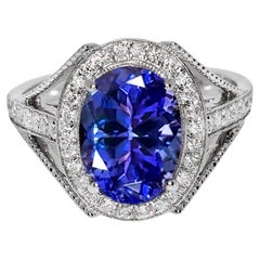 IGI 14K 3.62 Ct Natural Vivid Violet Tanzanite&Diamonds Antique Engagement Ring