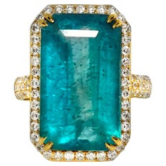 IGI 18K 11.81 Ct Natural Paraiba Emerald&Diamonds Antique Engagement Ring