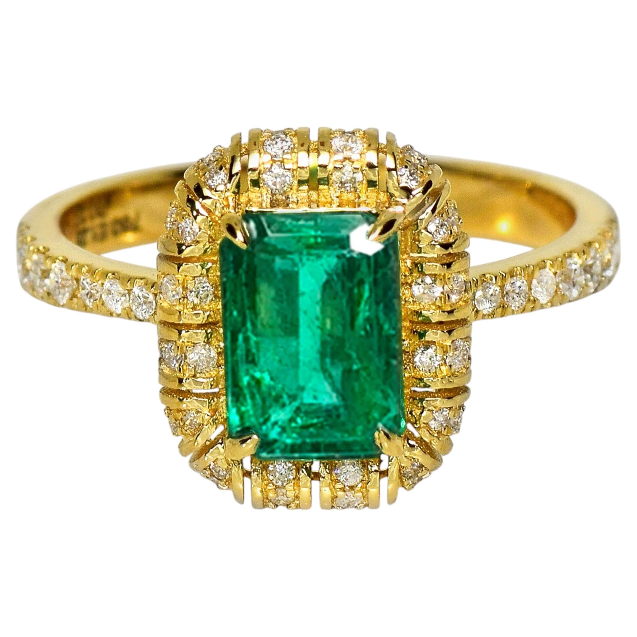 IGI 18K 1.28 Ct Vivid Green Emerald&Diamonds Antique Engagement Ring