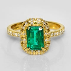IGI 18 Karat, 1,28 Karat, leuchtend grüner Smaragd und Diamanten – Verlobungsring im Antikstil