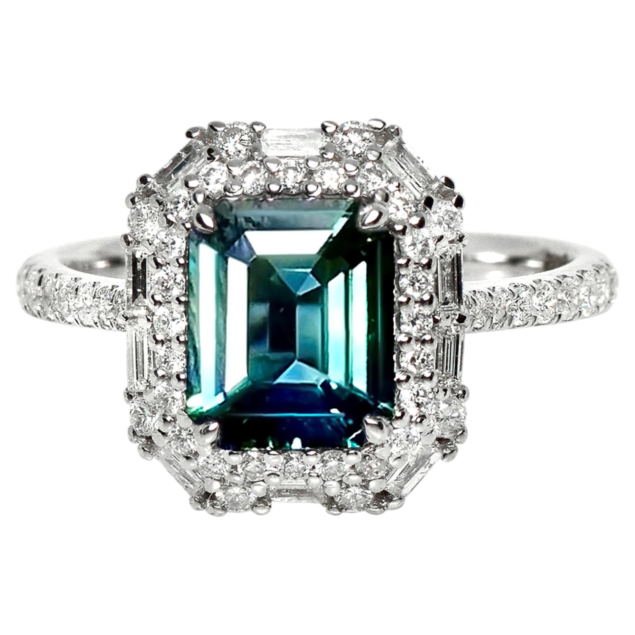 GIA 18K 1.93 Ct Unheated Green Blue Sapphire&Diamonds Engagement Ring