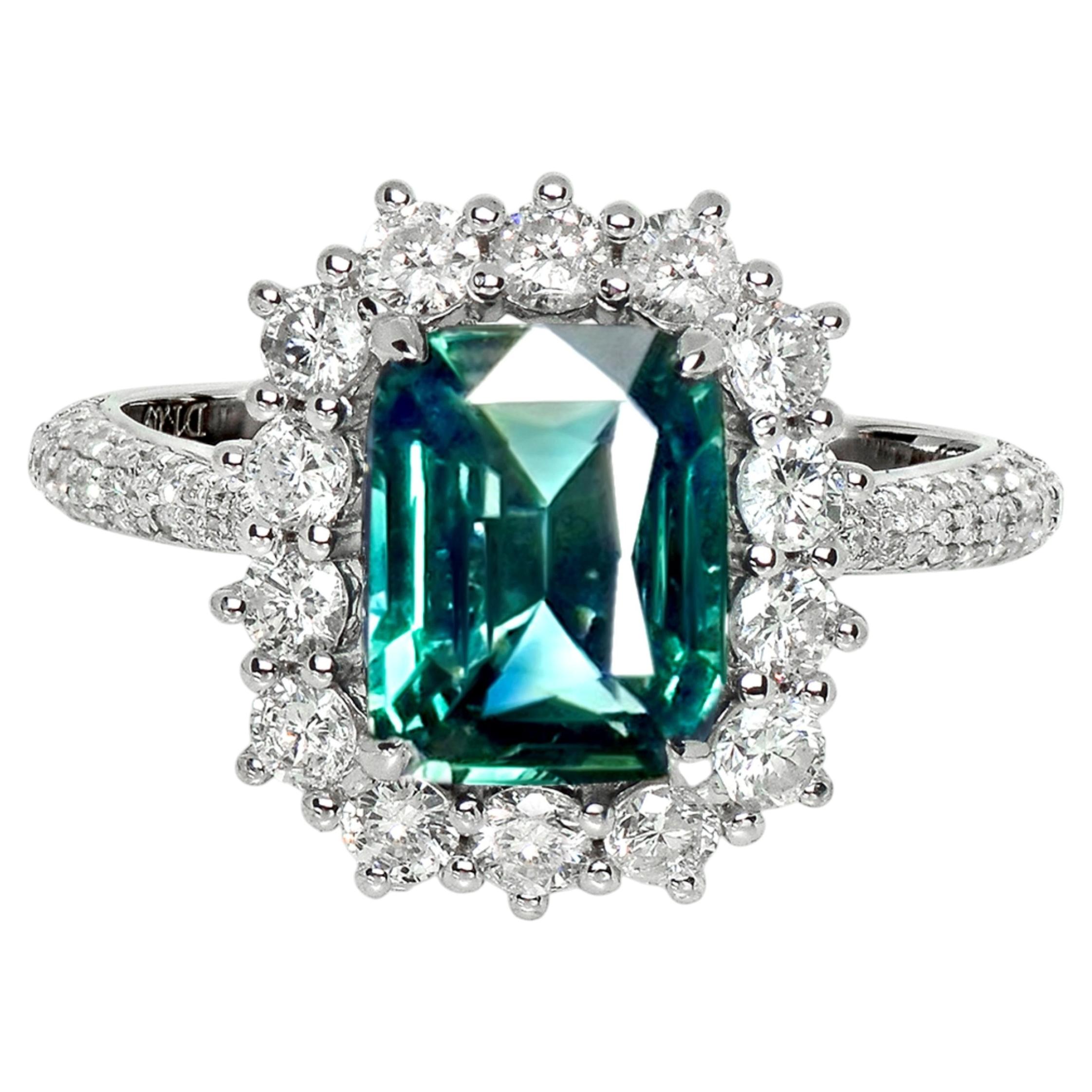 GIA 18K 2.55 Ct Unheated Green Blue Sapphire&Diamonds Engagement Ring