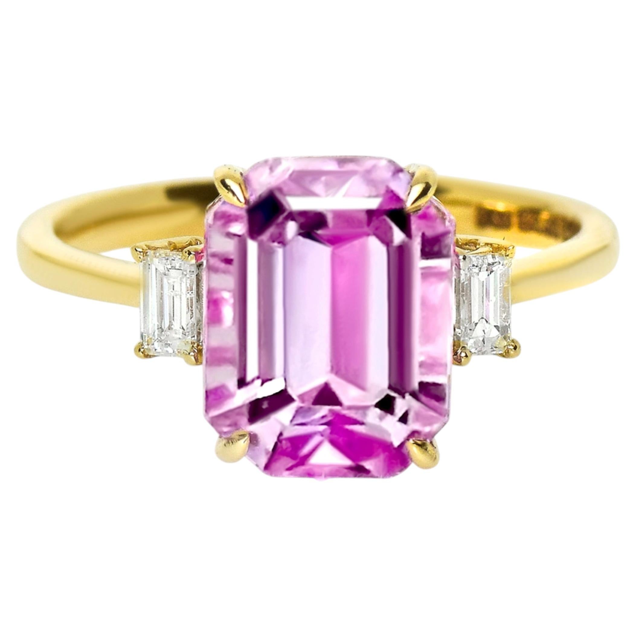 Anillo de compromiso de estilo Art Déco antiguo con kunzita rosa intenso de 14K y 4,68 ct, y diamantes