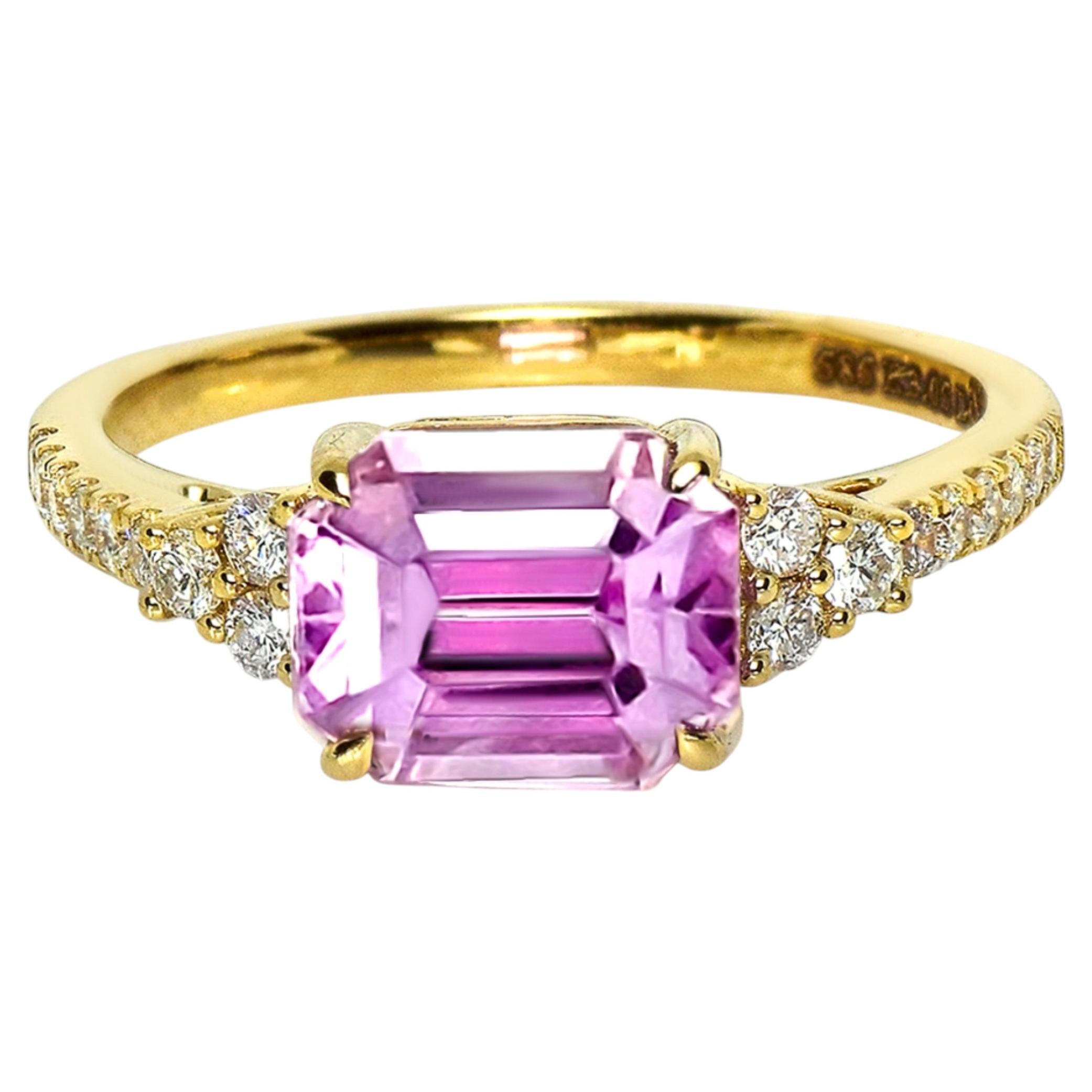 Bague de fiançailles Art déco antique HRD 14K, avec kunzite rose intense de 3,05 carats et diamants