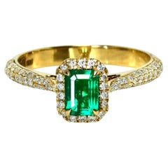 Anello di fidanzamento Art Déco IGI in oro 18 carati con smeraldo naturale verde vivido da 0,59 carati e diamanti