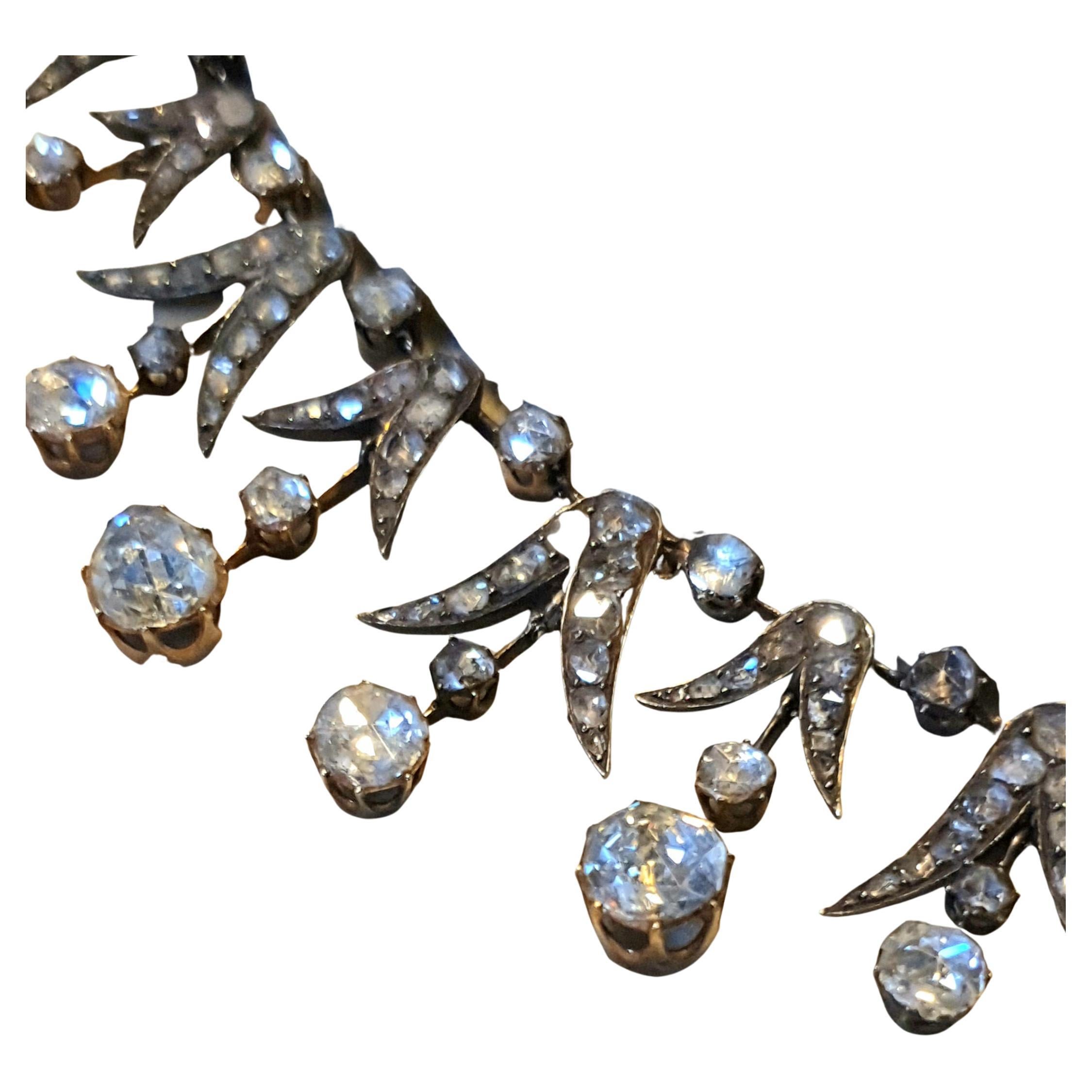 Antique 1880s Rose Cut Diamond Gold Necklace For Sale