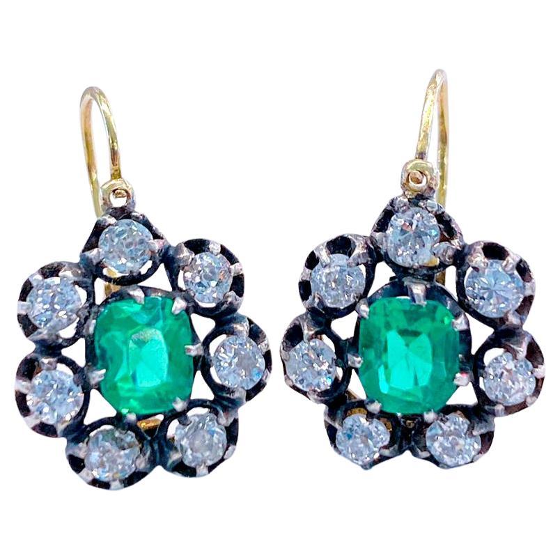 Antique Emerald And Old Mine Cut Diamond Gold Earrings  For Sale