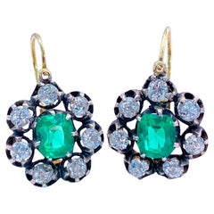 Antique Emerald And Old Mine Cut Diamond Gold Earrings 