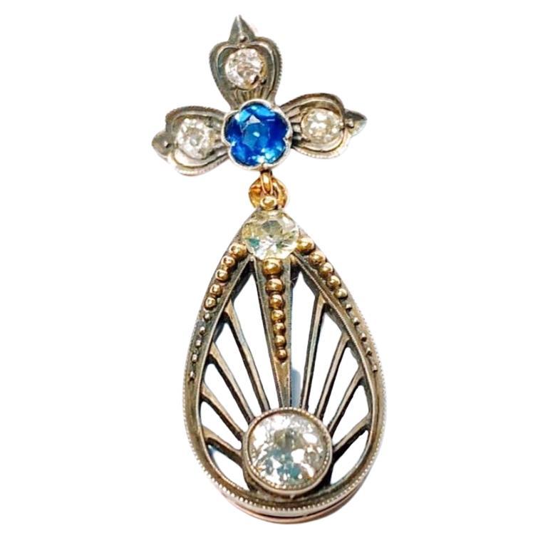 Antique Old Mine Cut Diamond And Sapphire Russian Gold Pendant