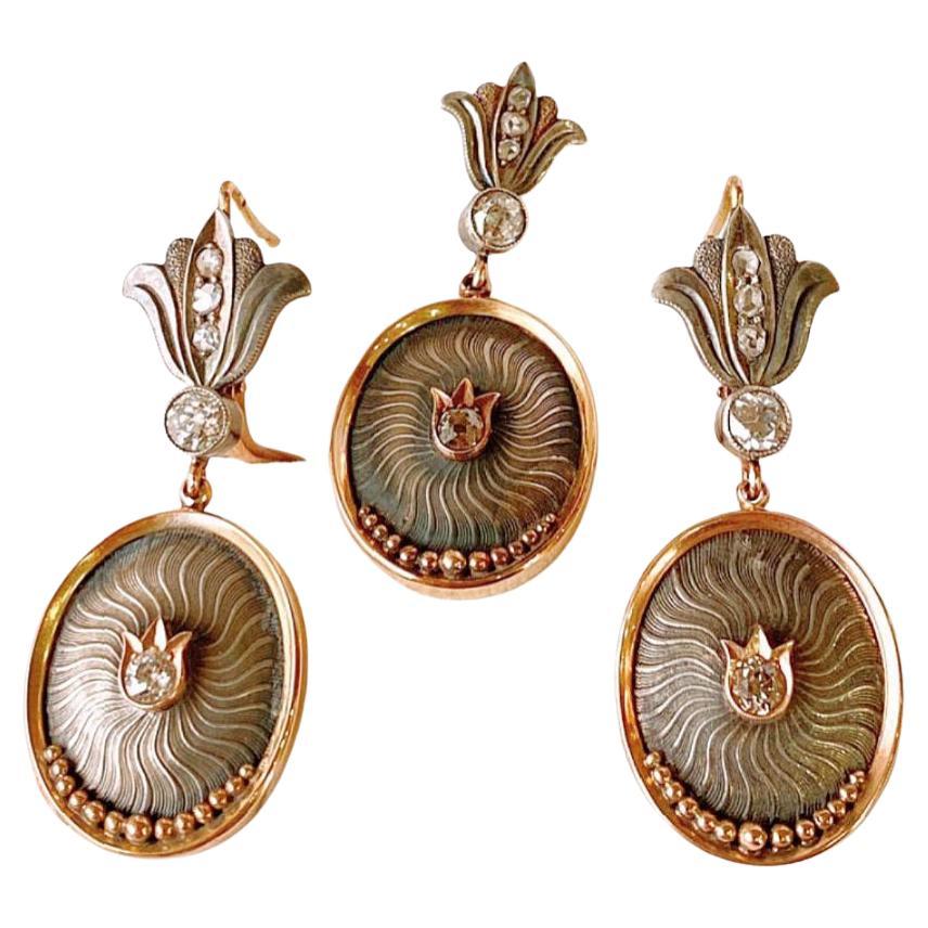 Antiquities Old Mine Cut Diamond Russian Earrings and Pendant Gold Set (Boucles d'oreilles et pendentifs en or)