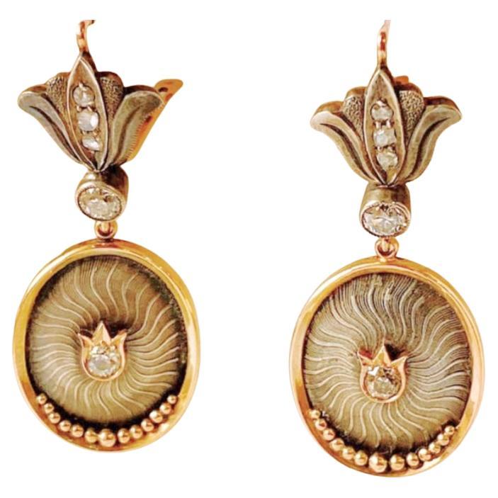 Art Nouveau Antique Old Mine Cut Diamond Russian Earrings And Pendant Gold Set For Sale