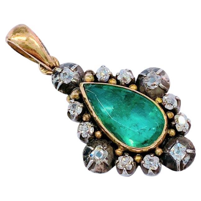 Antique Emerald And Old Mine Cut Diamond Russian Gold Pendant  For Sale