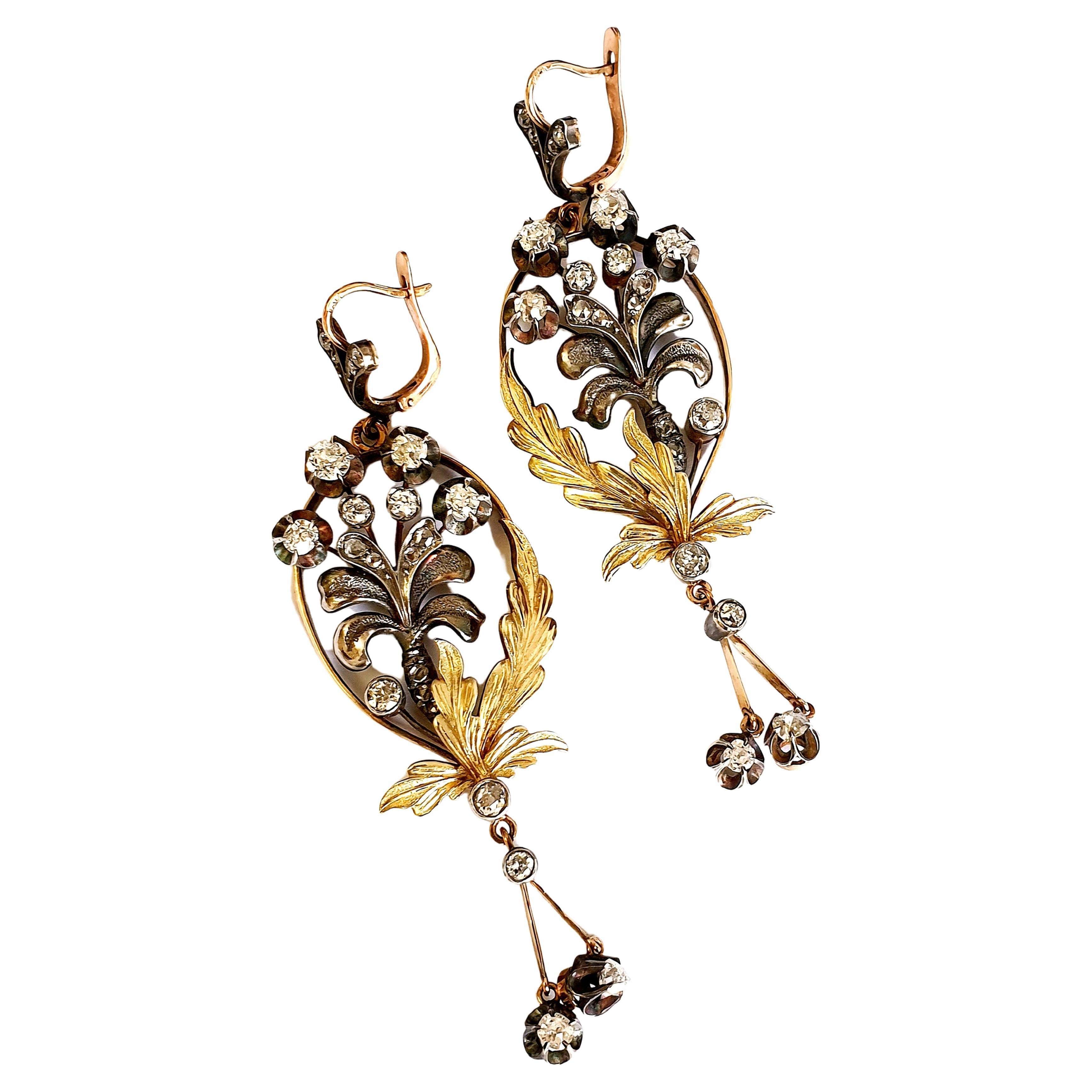 Antique Old Mine Cut Diamond Gold Earrings  In Good Condition For Sale In Cairo, EG