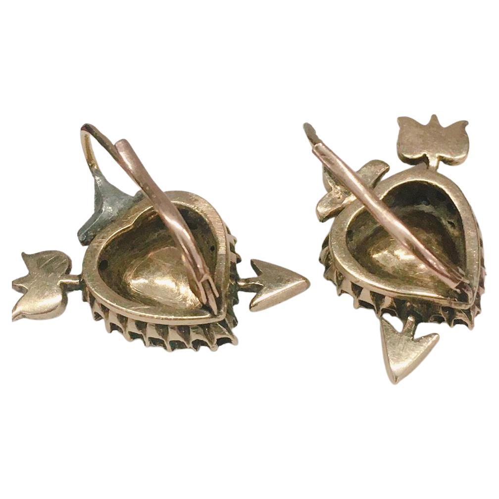 Women's Antique 1880s Rose Cut Diamond Heart And Arrow Russian Gold Earrings  For Sale