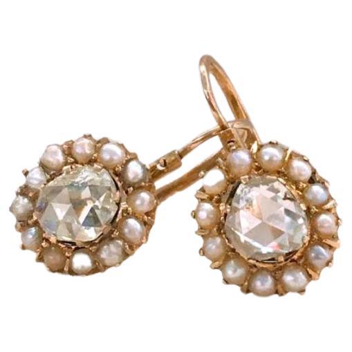 Antique Rose Cut Diamond And Pearls Russian Gold Earrings For Sale