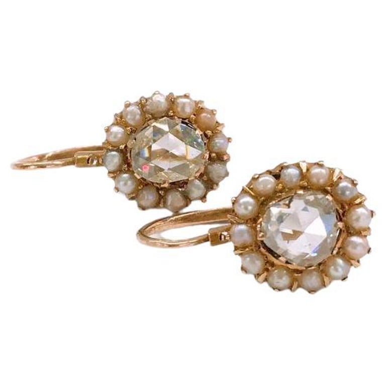 Antique 14k Gold Rose Cut Diamond And Pearls Earrings For Sale at 1stDibs