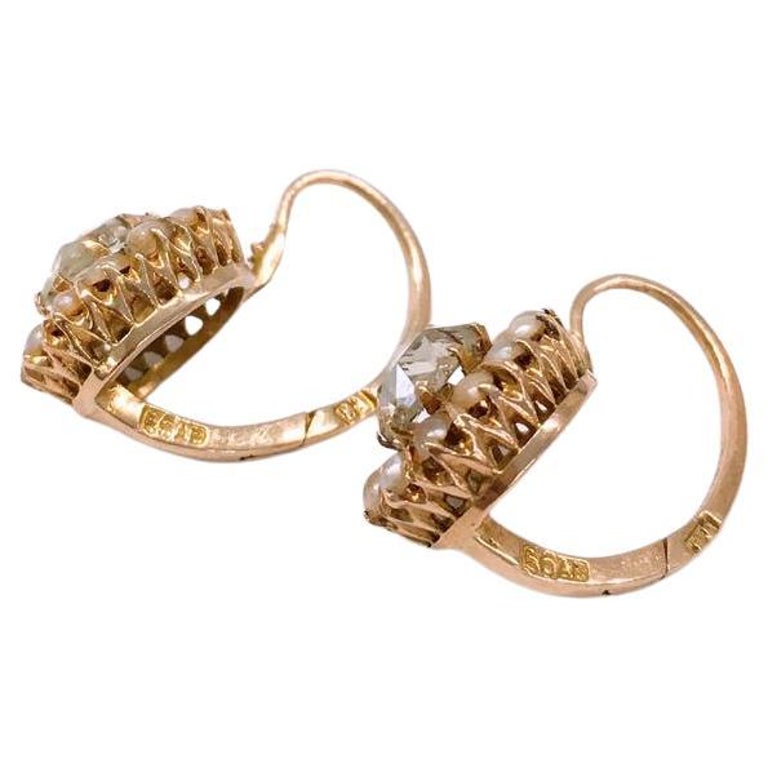 Antique 14k Gold Rose Cut Diamond And Pearls Earrings For Sale at 1stDibs