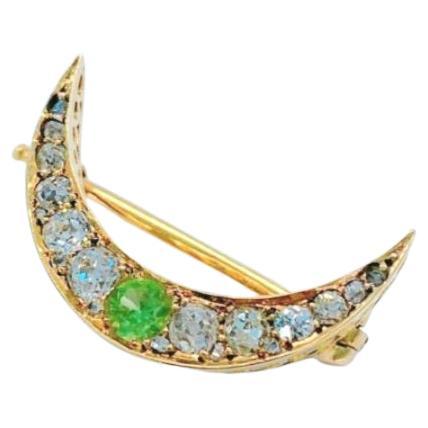 Antique Demantoid And Old Mine Cut Diamonds Crescent Russian Gold Brooch For Sale