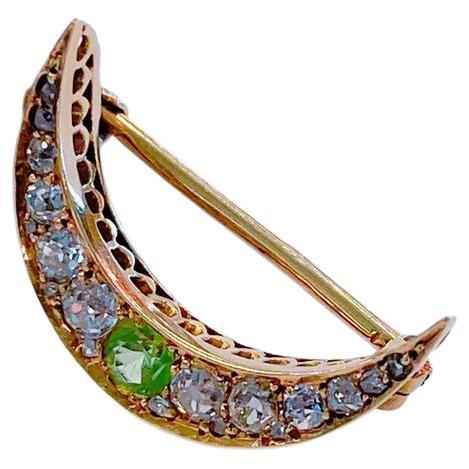 Women's Antique Demantoid And Old Mine Cut Diamonds Crescent Russian Gold Brooch For Sale