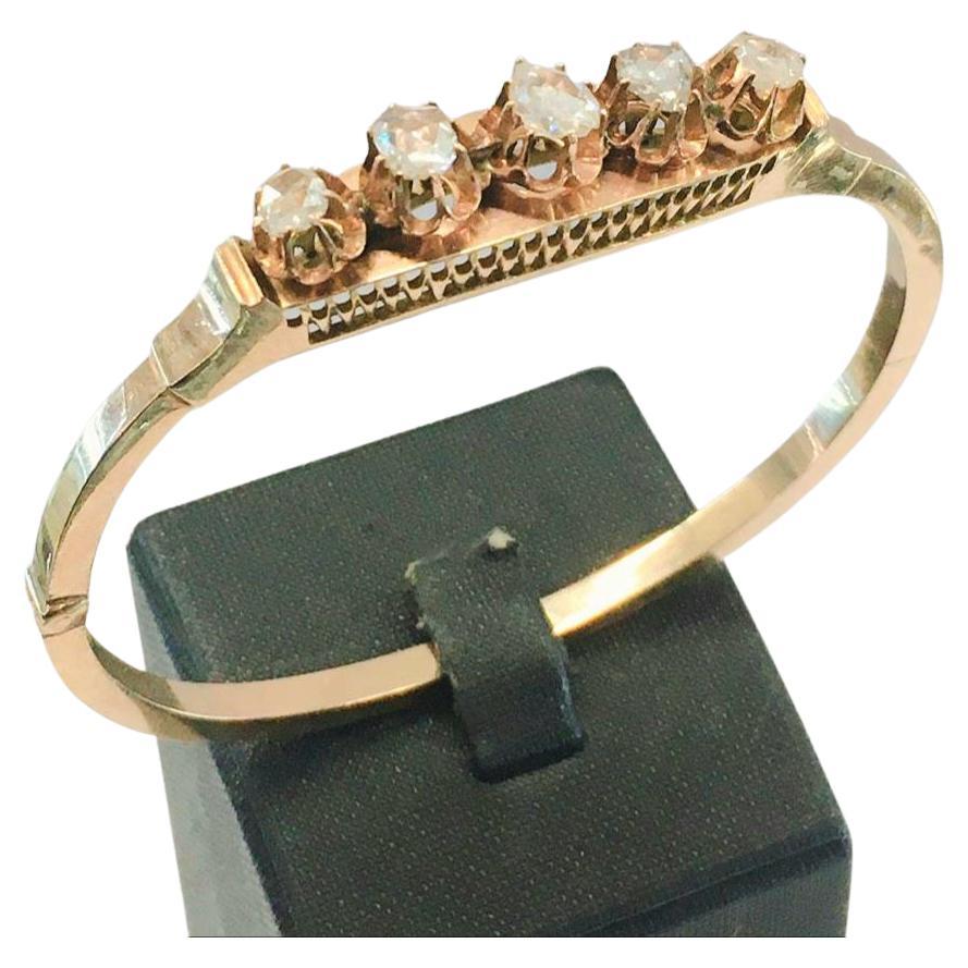 Antique 1880s Rose Cut Diamond Russian Gold Bangle Bracelet For Sale