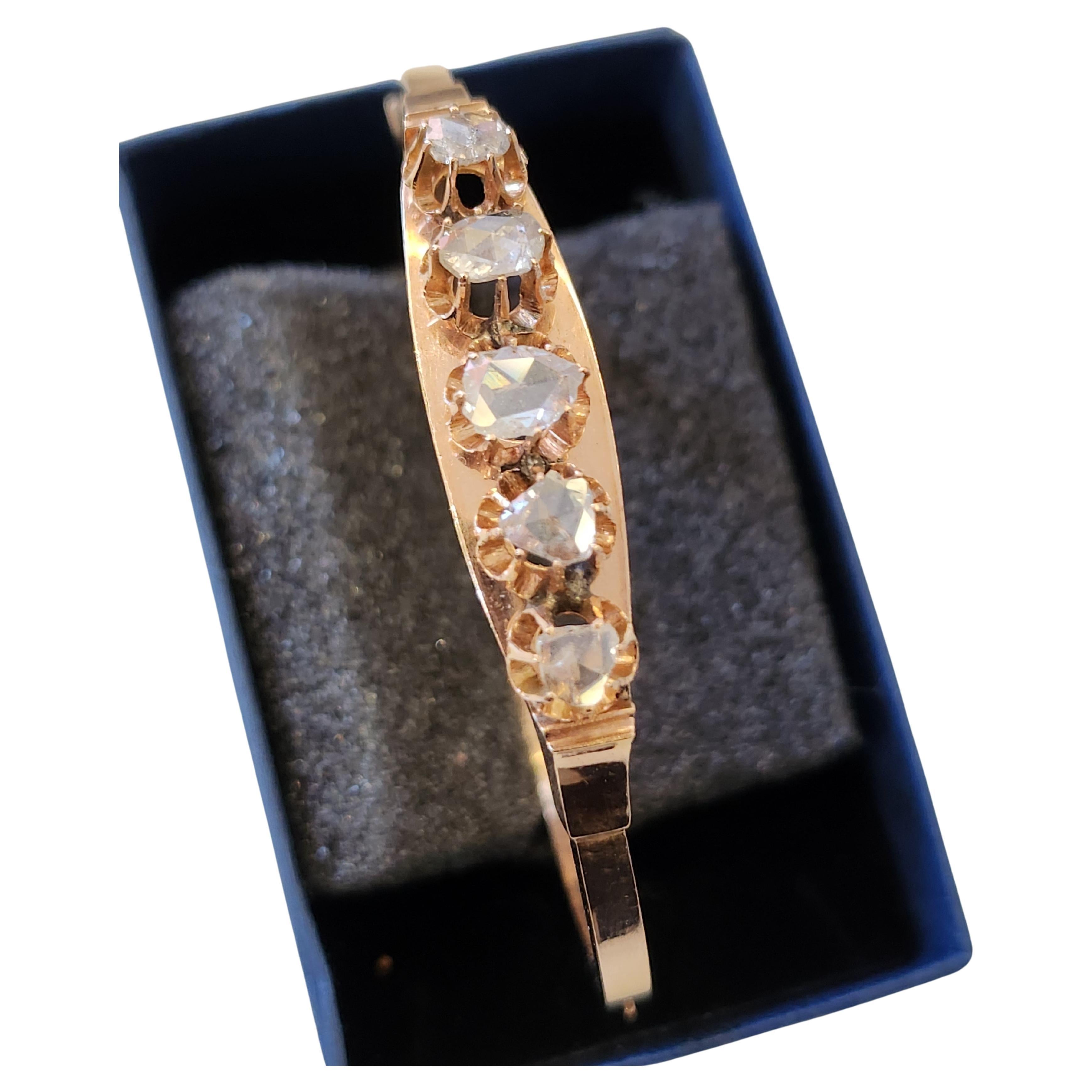 Antique 1880s Rose Cut Diamond Russian Gold Bangle Bracelet For Sale 1
