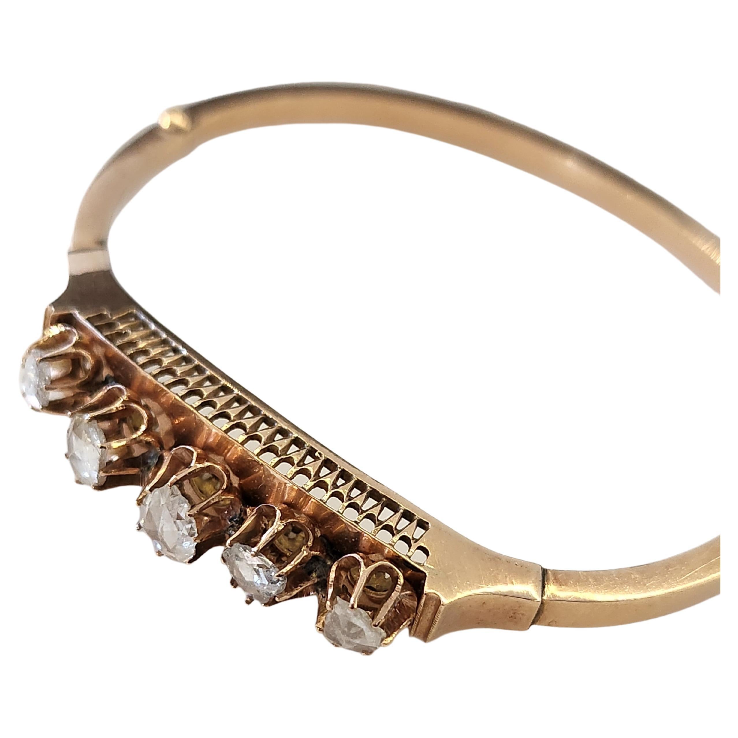 Women's Antique 1880s Rose Cut Diamond Russian Gold Bangle Bracelet For Sale