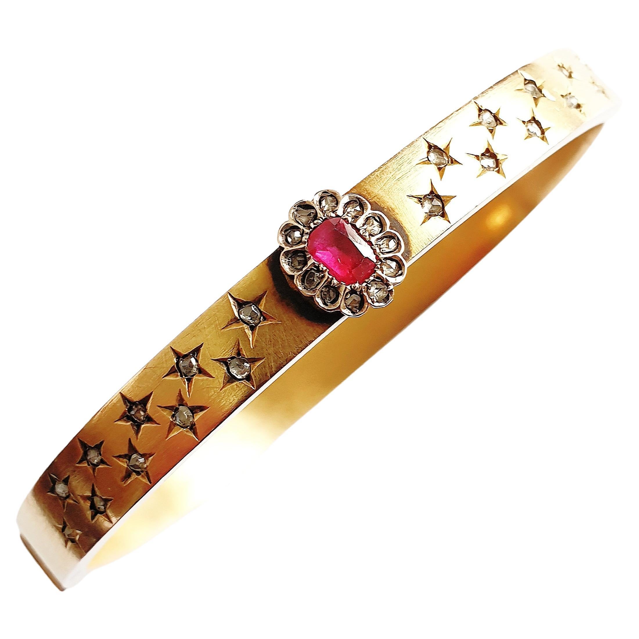 Antique 1880s Ruby And Old Mine Cut Diamond Gold Bangle Bracelet For Sale