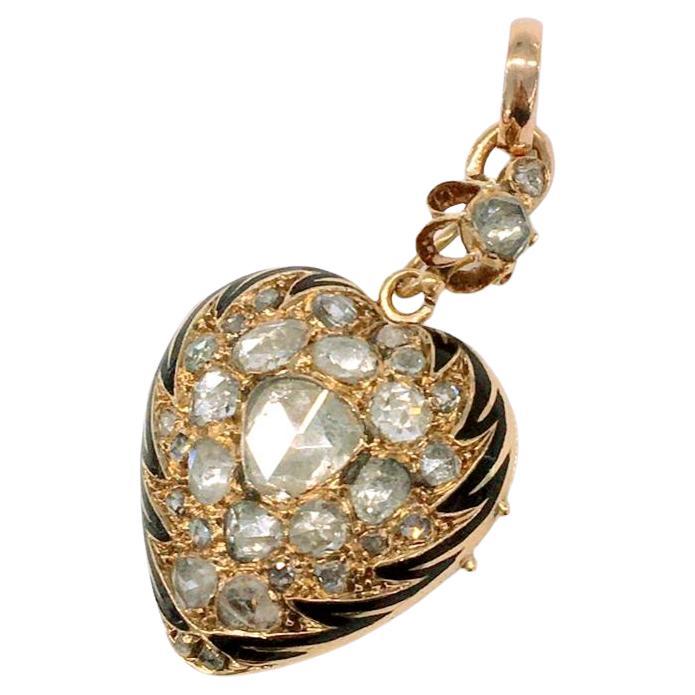 Antiguo Victoriano 1880s corazón Locket Rose Cut Diamond Gold Locket Pendant