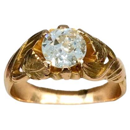 Antique Old Mine Cut Diamond Russian Gold Solitaire Ring For Sale