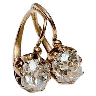 Antique Old Mine Cut Diamond Russian Gold Earrings 