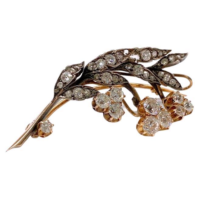 Broche ancienne en or russe Lily of the Valley avec diamants taille vieille mine, années 1880