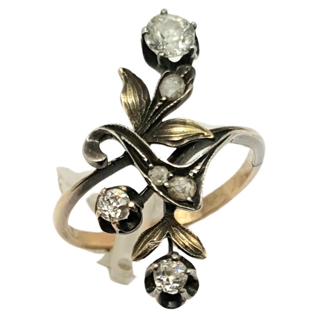 Antique Art Nouveau Old Mine Cut Diamond Russian Gold Ring For Sale