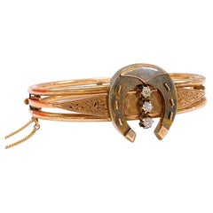 Antique 1880s Old Mine Cut Diamond Horseshoe Russian Gold Bangle Bracelet