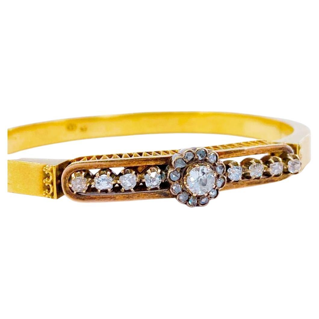 Antique 1880.c Old Mine Cut Diamond Russian Gold Bangle Bracelet For Sale