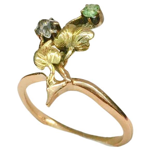 Art Nouveau Antique Diamond And Demantoid Russian Gold Ring For Sale