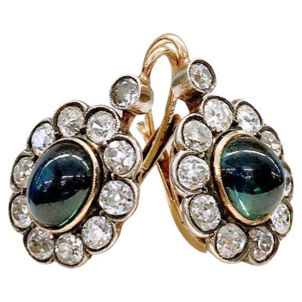 Antique Sapphire And Old Mine Cut Diamond Gold Earrings For Sale