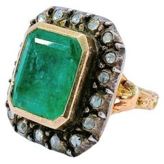 Antique Astro Hungerian Emerald And Rose Cut Diamond Gold Ring