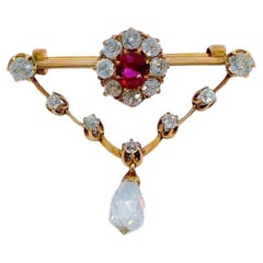 Antique 14k Gold Russian Ruby Diamond Brooch