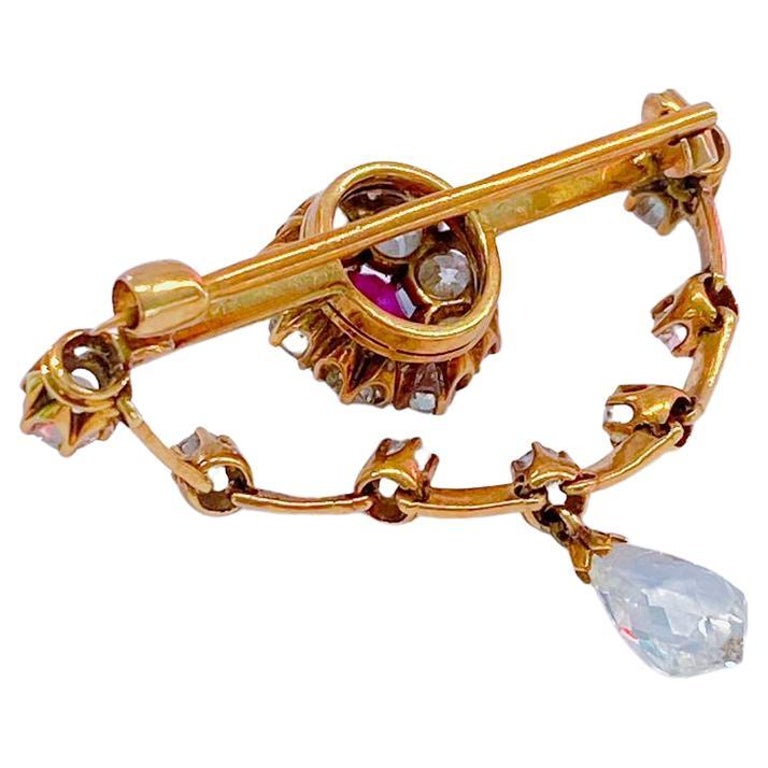 Antique 14k Gold Russian Ruby Diamond Brooch For Sale at 1stDibs