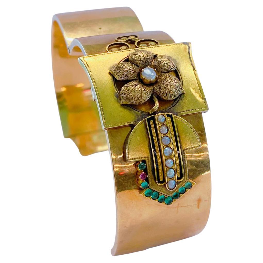 Antike 1873.c Russisch Smaragd und Perle Gold Medaillon Armreif Armbänder 
