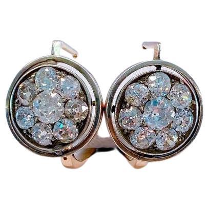 Antique Old Mine Cut Diamond Russian Gold Earrings For Sale