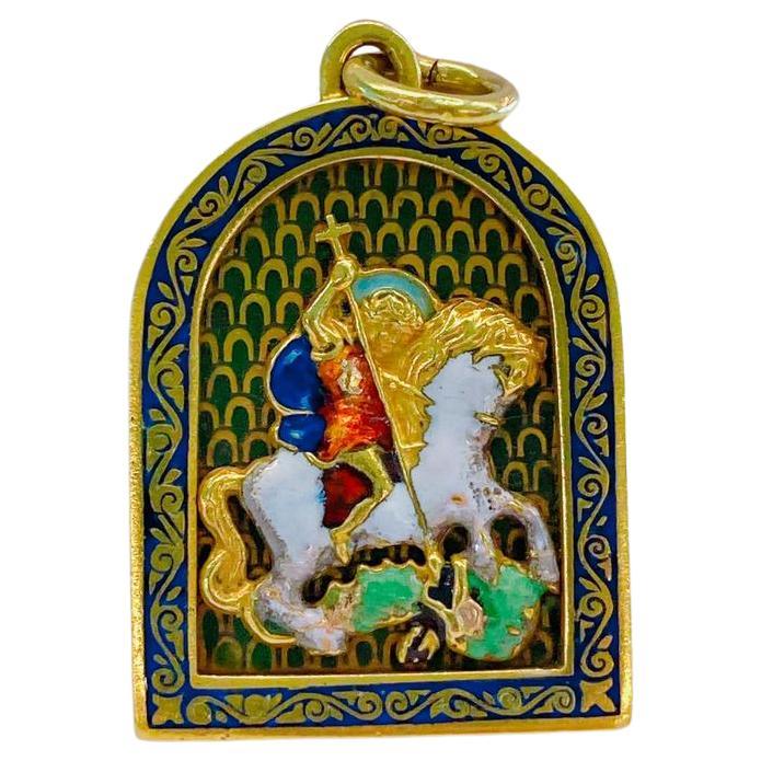 Antique 1880s St George Slaying the Dragon Enamel Russian Gold Pendant For Sale