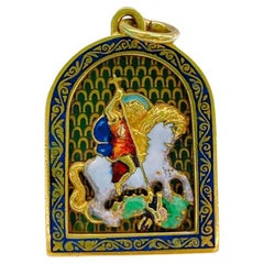 Antiker russischer Goldanhänger, St. George schlägt den Drachen, Emaille, 1880er Jahre