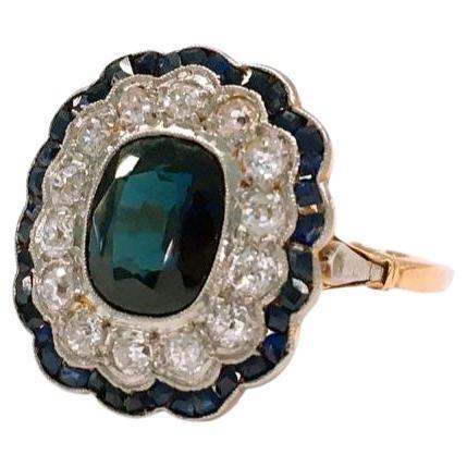 Antique Edwerdian Sapphire And Old Mine Cut Diamond Gold Ring  For Sale