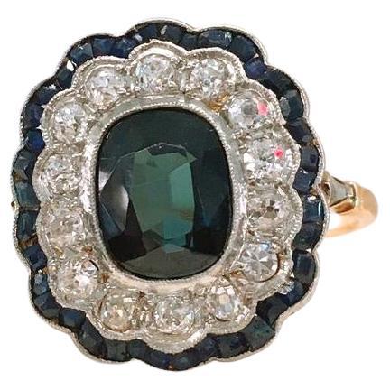 Edwardian Antique Edwerdian Sapphire And Old Mine Cut Diamond Gold Ring  For Sale