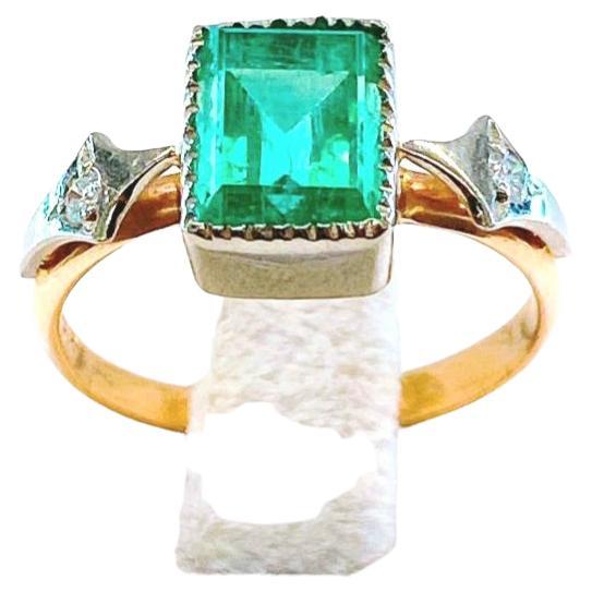  Vintage Soviet Lap Created Emerald And Diamond Gold Ring For Sale