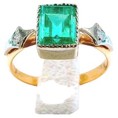  Retro Soviet Lap Created Emerald And Diamond Gold Ring