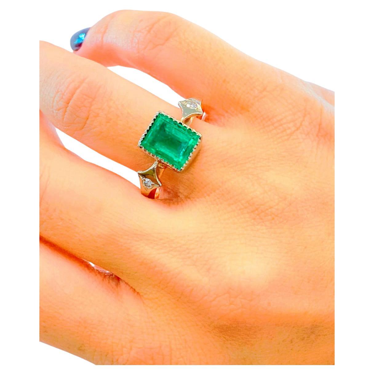 Emerald Cut  Vintage Soviet Lap Created Emerald And Diamond Gold Ring For Sale